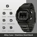 Men's matte black digital sports watch with stainless steel strap and LED light - All Black (SANDA)