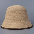 Detailed texture of raffia straw bucket hat with dark brown fabric edge binding trim - M / Coffee