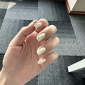 Minimalist beige press-on nails with silver star patterns and 3D rhinestone accents - S112 Style (30 Pieces)