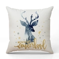 Housse de coussin en lin avec silhouette de cerf de forêt et flocons de neige dorés - Cerf Bleu et Or-Winter Wonderland