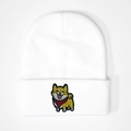 White knitted beanie with Shiba Inu embroidery, warm winter hat in minimalist style - White