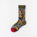 Sheer glass silk crew sock featuring cartoon cat patterns and olive green knit trim - One Size / Cat