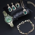 Golden women's watch set with green gemstones, necklace, earrings, ring and bracelet - 25106 Watch + Bracelet + Necklace + Earrings + Ring