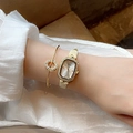 Elegant gold diamond-set rectangular watch with beige quilted strap and matching bracelet - Watch + Bracelet Set / Rose Gold Case Apricot Leather (9338B)