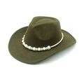 Detailed view of pearl floral band on olive green wide brim felt cowboy hat - M (56-58cm) / Army Green