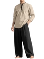 Men's linen set featuring an apricot Henley long sleeve shirt and black wide-leg trousers - Khaki & Black