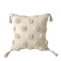 Square beige embroidered floral cushion cover with tufted dots and corner tassels - Pillowcase Only / Tufted Tassels