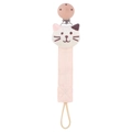 Pink fabric pacifier clip with cartoon cat design and natural beech wood bead detail - Cat