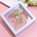Golden ginkgo leaf brooch with pearls and rhinestones in an elegant white display box - XZ125-Ginkgo Rhinestone-Boxed
