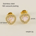 Golden heart-shaped stainless steel earrings with pink zircon stone and 18K plating - Heart Style / Pink Zirconia
