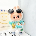 Labubu doll in white bunny outfit with daisy shirt and black sunglasses accessory - Yellow Water Bottle + Blue Shark Shoes + Sky Blue Beach Outfit / First And Second Generation Keychains Are Compatible With La Cloth Dolls. Dolls Not Included.