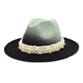 Detail of gradient wool fedora with white ribbon and elegant pearl embellishments - Mint Green + Black