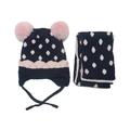 Kids navy blue knit hat and scarf set with pink polka dots and double pom-poms - Navy Blue Polka Dots