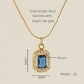 18K gold plated stainless steel necklace with a blue heart zircon pendant and 45cm chain - Square Style / Blue