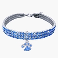 Three-row rhinestone pet collar with blue paw print pendant and adjustable silver chain - 20cm+5cm / Light Blue