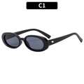 Retro oval sunglasses in C1 black glossy frame with dark gray lenses and silver metal hinges - Black Frame Grey Lens