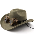 Steampunk olive green suede cowboy hat featuring vintage bronze gear goggles accessory - M(56-58cm) / Army Green