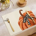 Rectangle Thanksgiving placemat with watercolor pumpkin and black-white checkered bow print - Watercolor Pumpkin Plaid Bow