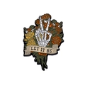 Retro metal enamel pin featuring a skull hand with flowers and Let It Be text - Skeleton Flower Style (XZ8548)
