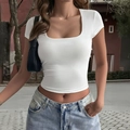 Y2K style white square neck short sleeve cropped T-shirt for women in urban street setting - XS / White