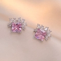 Sparkling silver stud earrings with princess-cut pink stone and crown zircon setting - Pink Square Zirconia Crown Style (E0475)