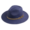 Navy blue wide brim Fedora straw hat with brown leather belt and gold buckle - Adult 58cm One Size / Navy Blue