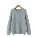 Close-up of dark grey knit sweater with ribbed crew neck and soft fuzzy texture details - One Size / Tops / Light Gray