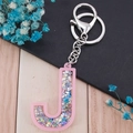 Pink letter J acrylic keychain with star sequins and silver metal lobster clasp ring - Letter J