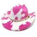 Cappello da cowboy peluche rosa e bianco con stampa mucca e nastro intrecciato - M (56-58cm) / Corona Piatta / Rosso rosa