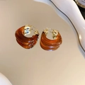 Vintage tortoiseshell resin hoop earrings with golden metal clasps on reflective mirror - U-Shape Tortoise Earrings (66#) / Amber Brown