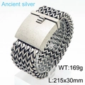 Detailed view of ancient silver wide braided stainless steel bracelet weighing 169g - 30mm Width (KB170284-KJX)