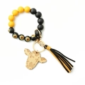 Sunflower pattern beaded wristlet keychain with wooden cow head and yellow tassel - Sunflower Yellow Black
