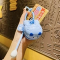 Blue cat-shaped wooden fish stress relief keychain with cloud tag and striker - Merit Wooden Fish - Cat