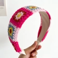 Handmade knotted crochet headband with colorful floral embroidery on beige fabric - Red Flowers Flat Knitted Headband
