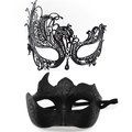 Elegant pair of black masquerade masks with intricate filigree metal and glitter details - Bull Horn Phoenix - Iron Black Set