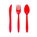 Set di posate natalizie in plastica rossa con coltello, forchetta e cucchiaio su bianco - Cucchiai di Plastica Rossi / Set da 24