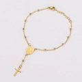 Detailed macro view of 18k gold plated Saint Benedict medal and cross on beaded chain - 18+3cm / Gold Beads
