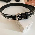 Ceinture rétro en cuir noir avec double rangée de clous argentés et boucle ardillon - 108# Rivets argentés à double rangée texture litchi noir