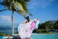 Ethnic summer sun protection beach shawl with vibrant pink flamingo pattern and soft texture - Flamingo White Base Pattern Style / Black / 180cm