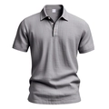 Detail view of grey linen polo shirt collar showing fabric texture and size M label - Light Gray
