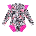 Girls long sleeve leopard and rose print one-piece swimsuit with pink ruffles - 104 / Leopard Print