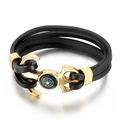 Heren meerlaagse zwarte lederen armband met gouden anker en kompas sluiting - Gouden Kompas Anker Zwart Leren Koord (KB79227-BD)