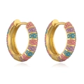 Rainbow enamel gold hoop earrings with colorful dotted patterns on white background - Colorful Style B