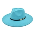 Detail of wide brim teal wool fedora hat with black leather band and gold buckle - M (56-58cm) / Lake Blue