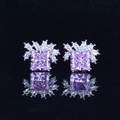 Macro view of silver stud earrings with purple radiant cut stone and marquise diamonds - Pink Zirconia Stud Earrings (Pair) - White Gold Plated