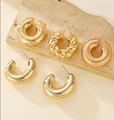 Set of chunky gold C-shaped clip-on earrings with hammered and twisted textures - Mixed Gold 5-Piece Set