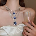 Close-up of triple-layered silver necklace with deep blue pear-cut gemstone pendants - Three-Layer Deep Blue Gemstone Style (21#)