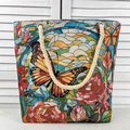 Artistic 3D floral tote bag with butterfly prints and durable cotton rope handles - Single Small Butterfly / 46x40