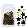 DIY nail art charms featuring black five-petal resin flowers and gold beads in 3mm and 6mm - Black Flower With Gold Bead
