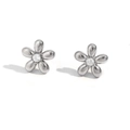 Elegant silver flower stud earrings with a central clear zircon set in stainless steel - Mini Zirconia Flower Studs - Steel